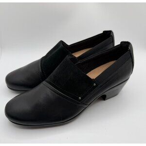 Clarks Emily Step Heel Loafers Women's Size 10M Black Leather/Suede Work Shoes